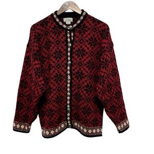 LL Bean Sweater Womens L Red Fair Isle Nordic Button Wool Chunky Knit Snowflake